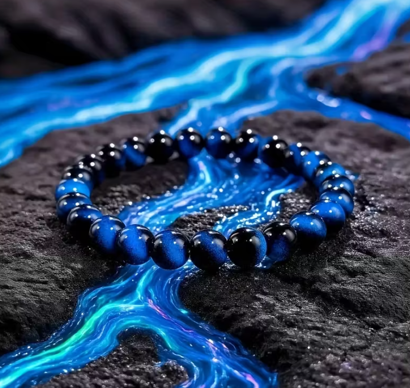 Bracelet Protection & Clarté Intérieure – Œil de Tigre Bleu Iridescent (Œil de Faucon)