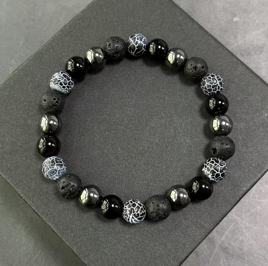 Bracelet Protection Absolue – Obsidienne, Hématite, Agate Vieillie & Pierre de Lave