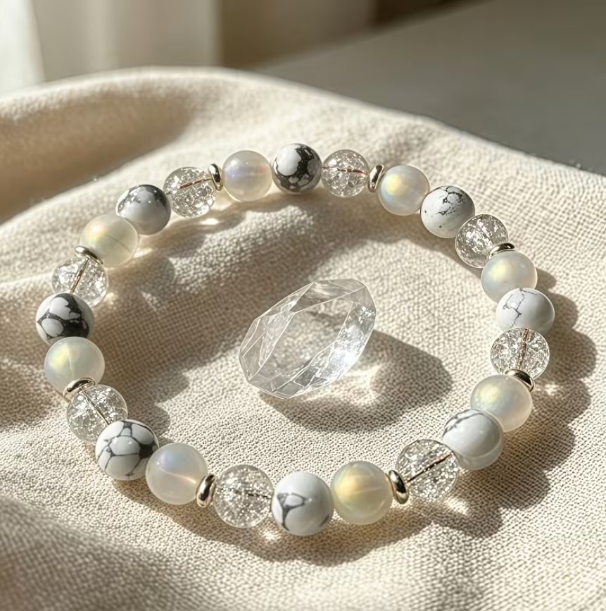 Bracelet Sérénité & Lumière Intérieure Anti dépression – Pierre de Lune, Howlite & Cristal Craquelé