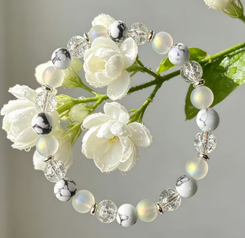 Bracelet Sérénité & Lumière Intérieure Anti dépression – Pierre de Lune, Howlite & Cristal Craquelé