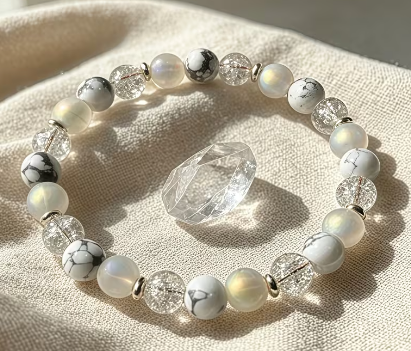 Bracelet Sérénité & Lumière Intérieure Anti dépression – Pierre de Lune, Howlite & Cristal Craquelé