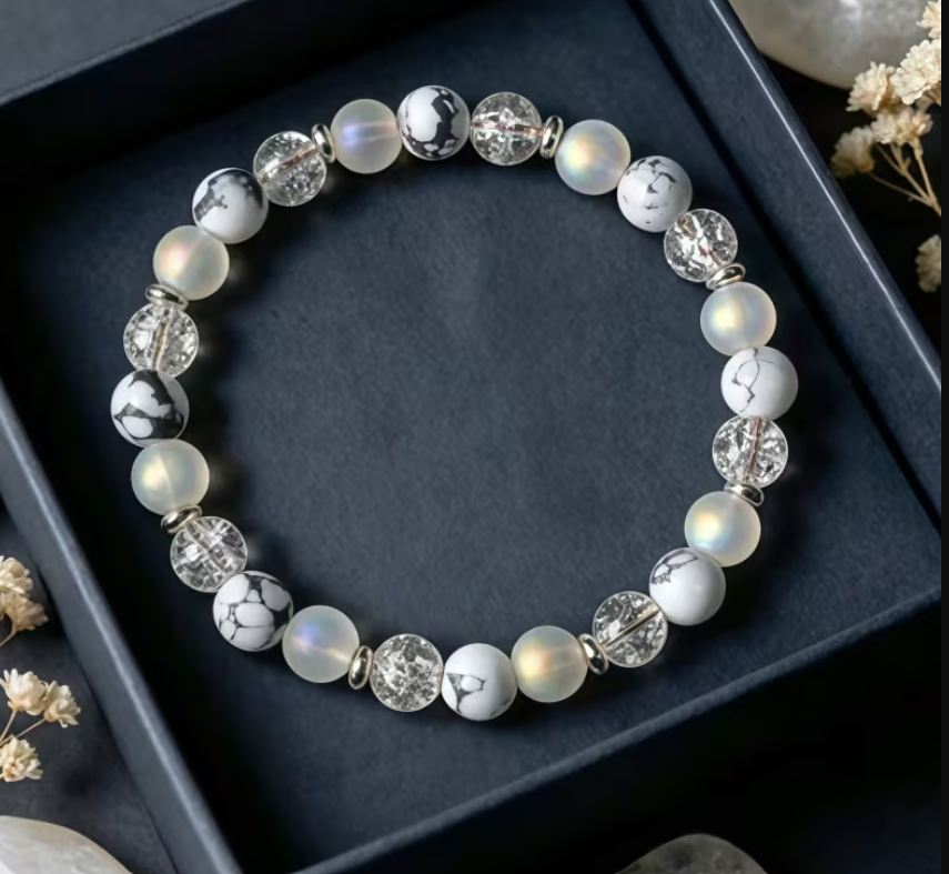 Bracelet Sérénité & Lumière Intérieure Anti dépression – Pierre de Lune, Howlite & Cristal Craquelé