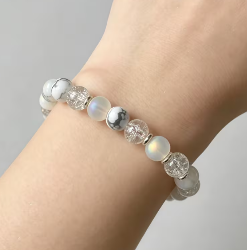 Bracelet Sérénité & Lumière Intérieure Anti dépression – Pierre de Lune, Howlite & Cristal Craquelé
