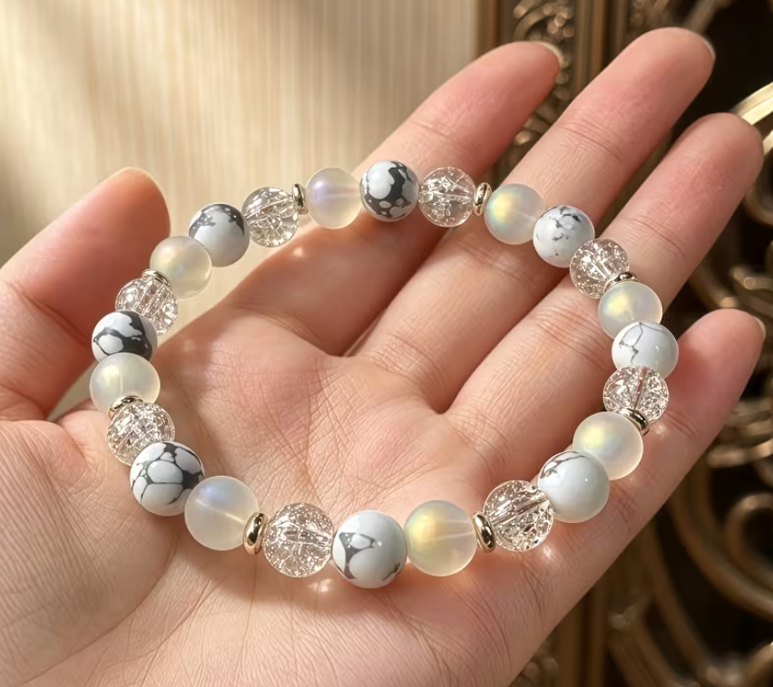 Bracelet Sérénité & Lumière Intérieure Anti dépression – Pierre de Lune, Howlite & Cristal Craquelé